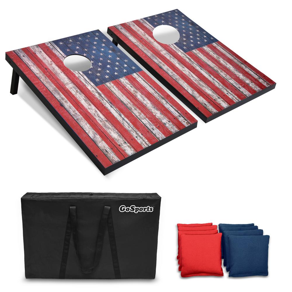 3 ft. x 2 ft. American Flag Cornhole Set with Weathered Wood Design Carrying Case
