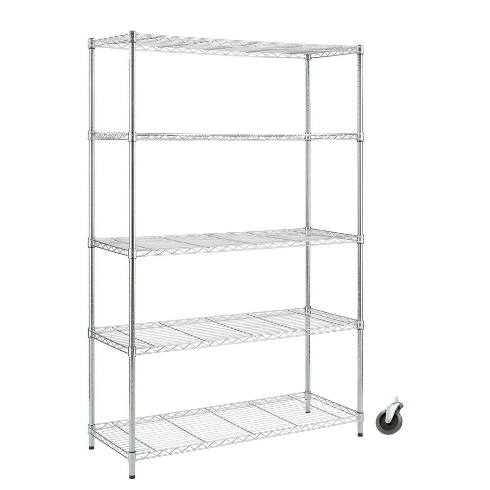 HDX Chrome Rolling 5-Tier Metal Wire Shelving Unit (48 in. W x 72 in. H x 18 in. D), Grey