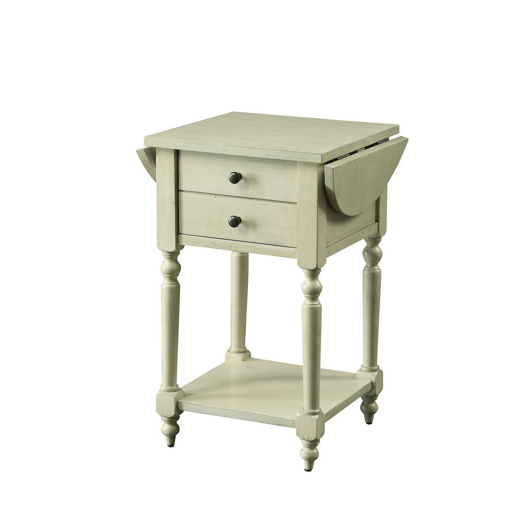 Beadle Antique White Side Table With Open Bottom Shelf Double Drawer Front And Expandable Leaf Top