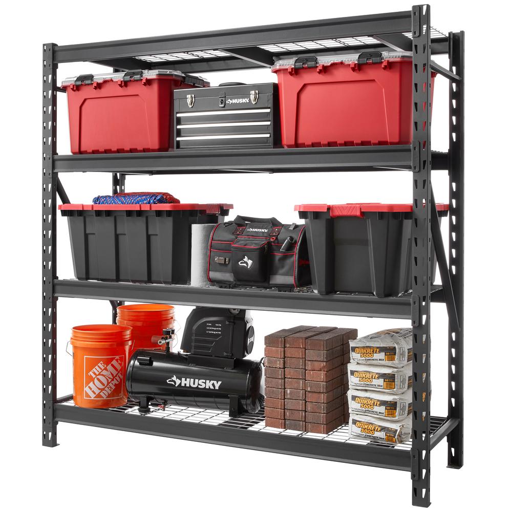 Husky Black 4 Tier Heavy Duty Industrial Welded Steel Garage Shelving Unit 77 In W X 78 H 24 D Hbr782478w4 The Home Depot Husky Black 4 Tier Heavy Duty, Best Shelves For Garage