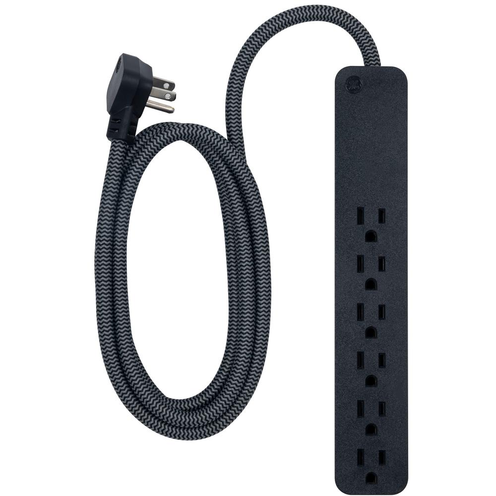 GE 6-Outlet Surge Protector with 6 ft. Braided Extension Cord, Black ...