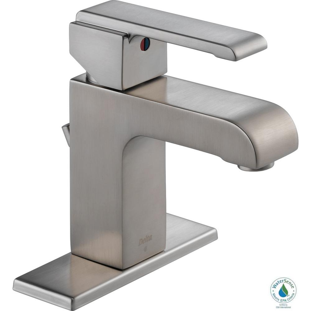 Delta Ara Single Hole SingleHandle Bathroom Faucet with Metal Drain Assembly and Channel Spout