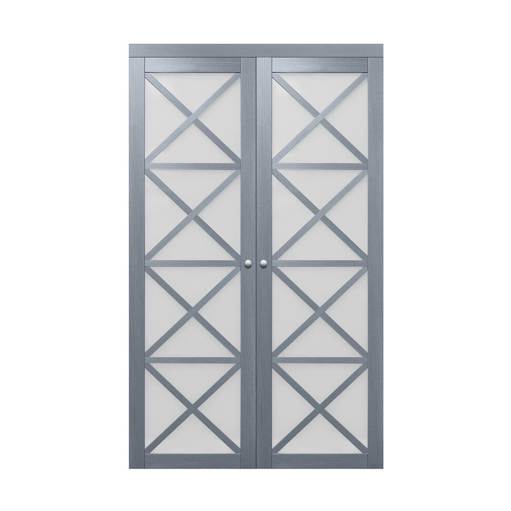 Truporte 72 In X 80 25 In Crochet Graphite Grey Tempered Frosted Glass Mdf Interior Closet Bi Fold Door