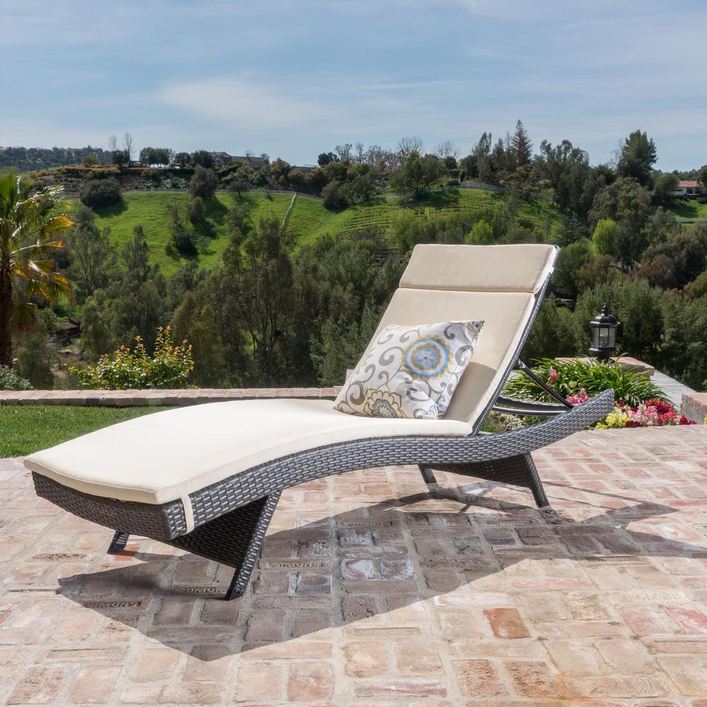 Noble House Miller Grey Armless Wicker Outdoor Chaise Lounge with Beige Cushion296800 The