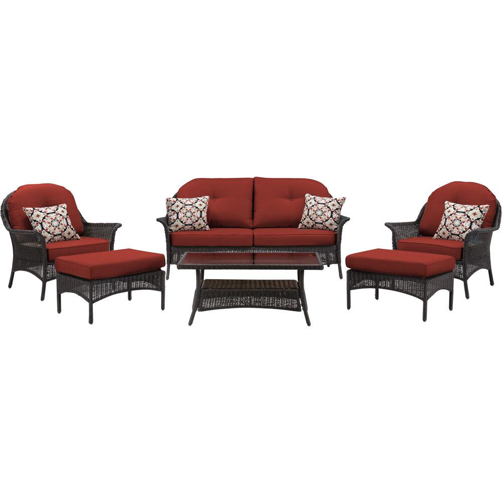 Hanover Sun Porch 6 Piece Wicker Patio Conversation Set With Plush Crimson Red Cushions Hanover Sun Porch 6 Piece Wicker Patio Conversation Set With Plush Crimson Red Cushions