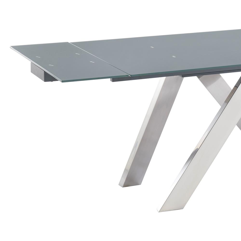 Armen Living Imara Brushed Stainless Steel And Grey Tempered Glass Top Contemporary Extension Dining Table 721535737888 The Home Depot