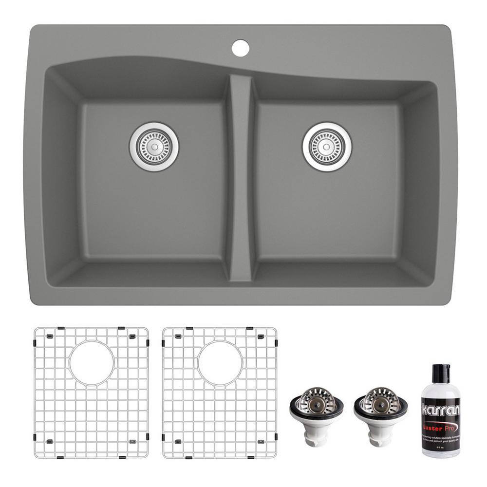 Karran QT720 Top Mount Quartz Composite 33 in. Double Bowl DropIn 50/50 Kitchen Sink with