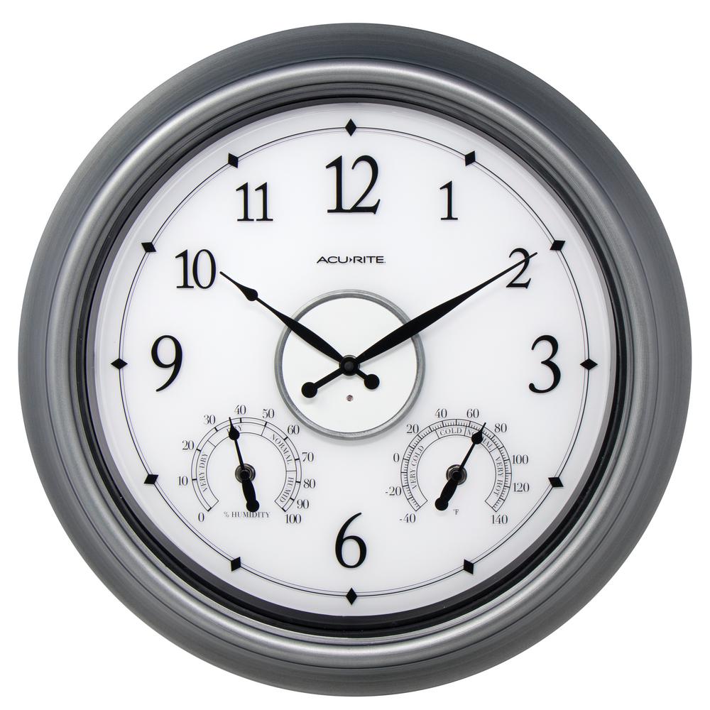 AcuRite 18 in. Pewter LED Illuminated Outdoor Wall Clock with