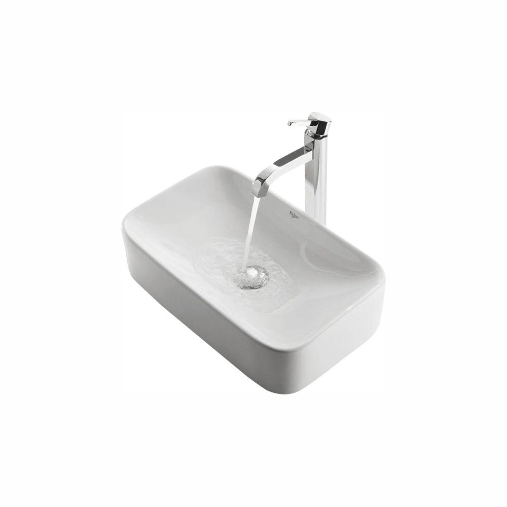 Kraus Soft Rectangular Ceramic Vessel Sink In White With Ramus Faucet In Satin Nickel