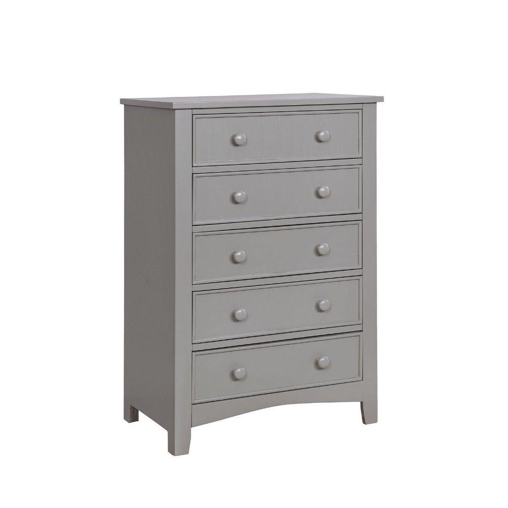Benjara Solid Wood Gray Five Drawer Chest With Round Knob Pull