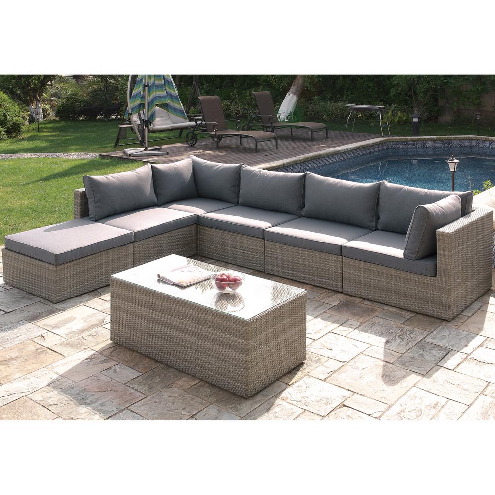 Venetian Worldwide Manzano Gray 7 Piece All Weather Pe Wicker Outdoor Patio Sectional Seating Set With Gray Neutral Tone Cushions Vp 412 7pc The Home Depot