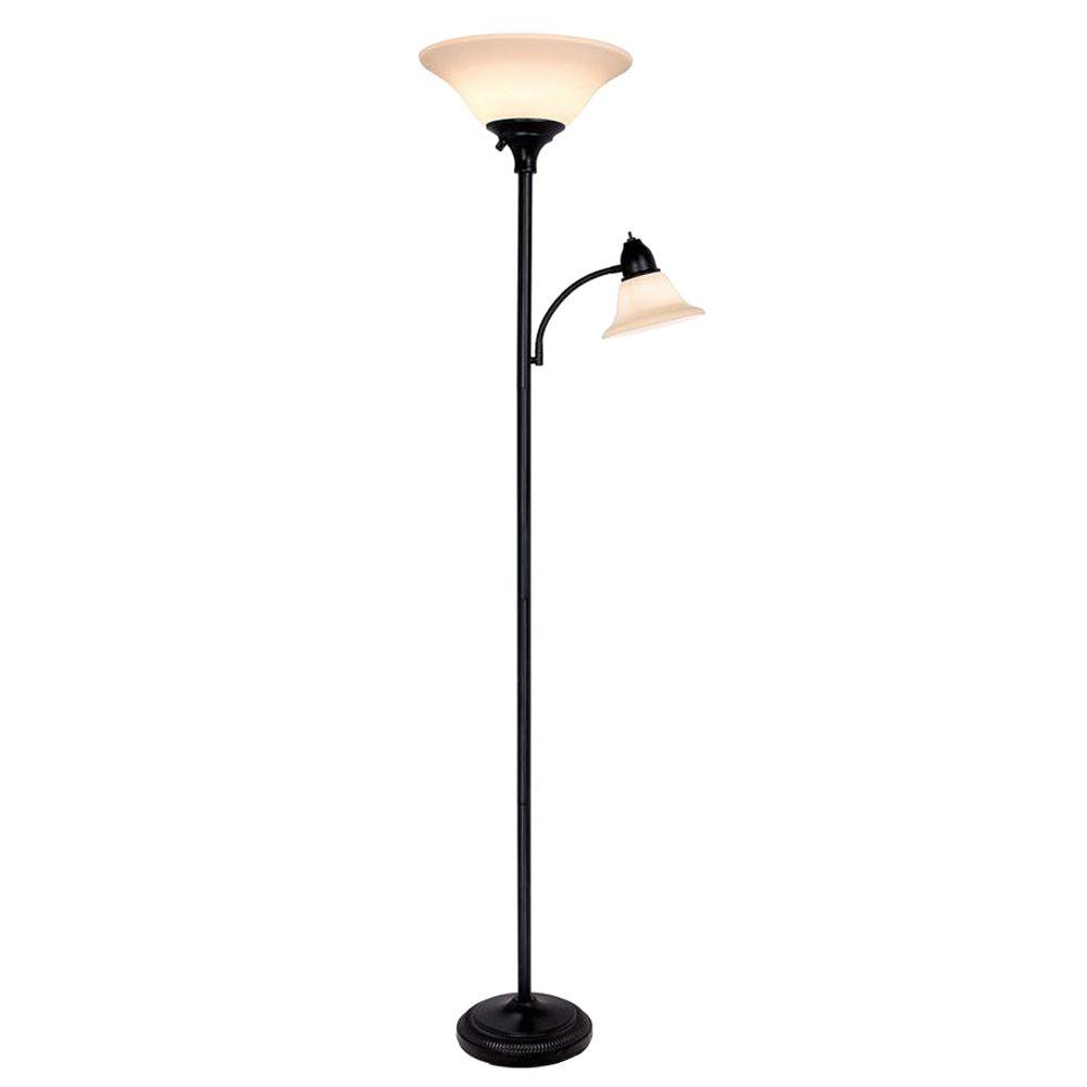 Hampton Bay 71 in. Black Floor Lamp with 2 Frosted Plastic Shades ...