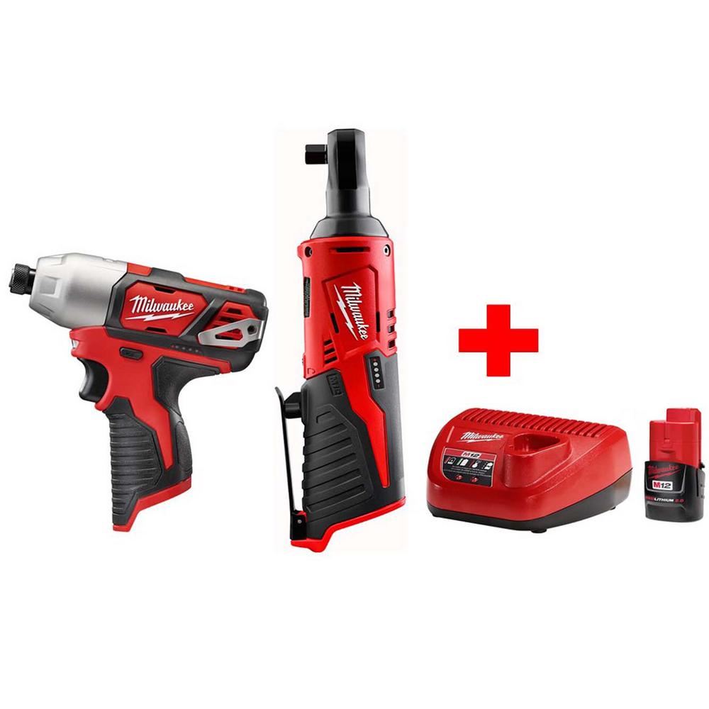 Milwaukee M12 12 Volt Lithium Ion Cordless 3 8 In Ratchet And 1 4 M12 12 Volt Lithium Ion Cordless 3 8 In Ratchet And 1 4 Impact Driver Combo Kit With 2 0ah Battery Charger