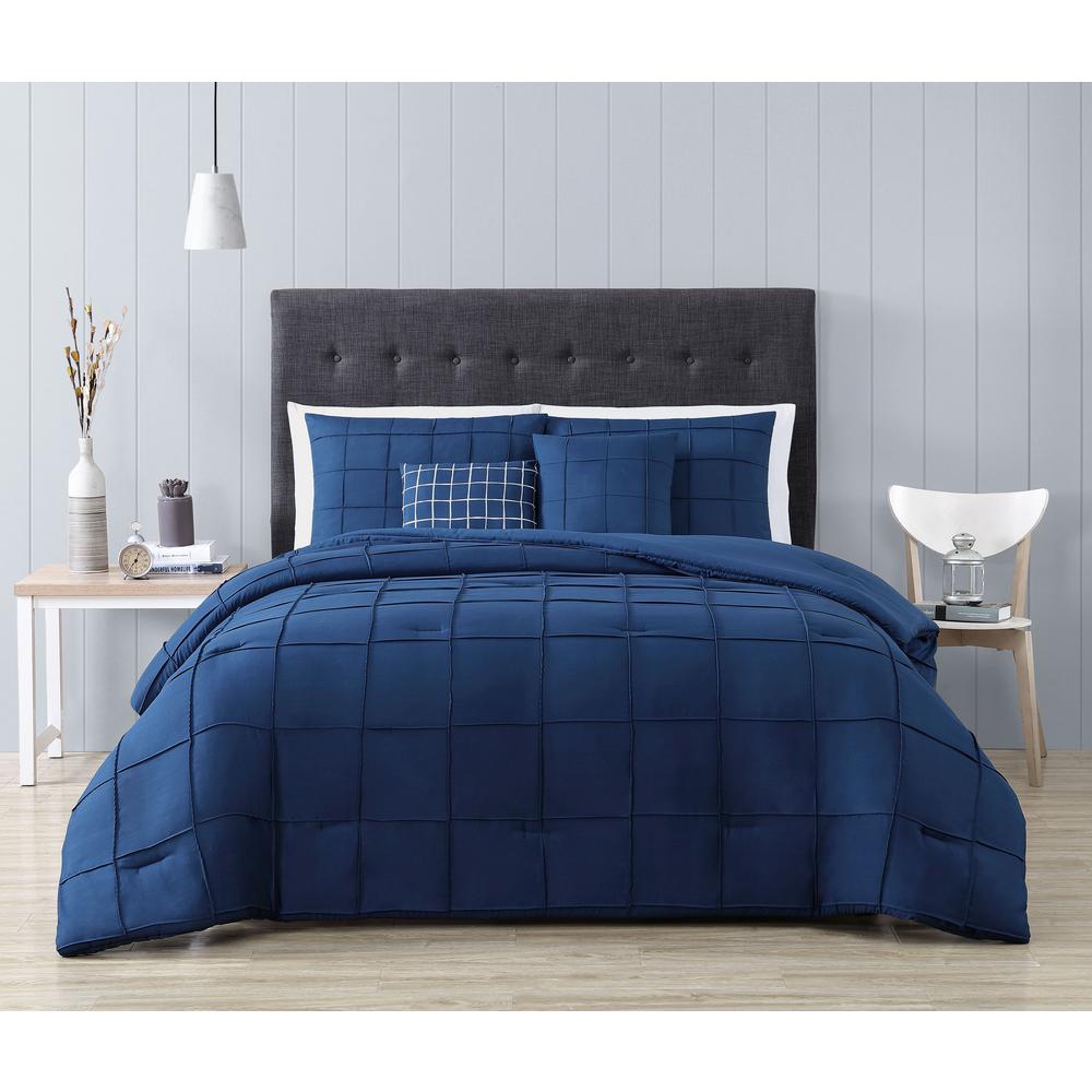 Blue Grey Taupe Pinched Pleat Comforter Cotton Sheets 12 pcs Cal King Queen Set