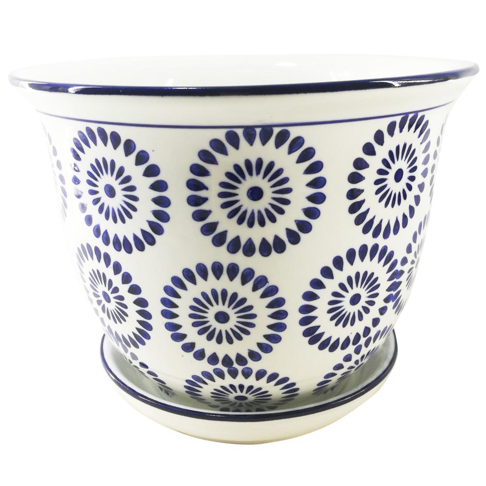 6 in blue and white ceramic planter with saucer