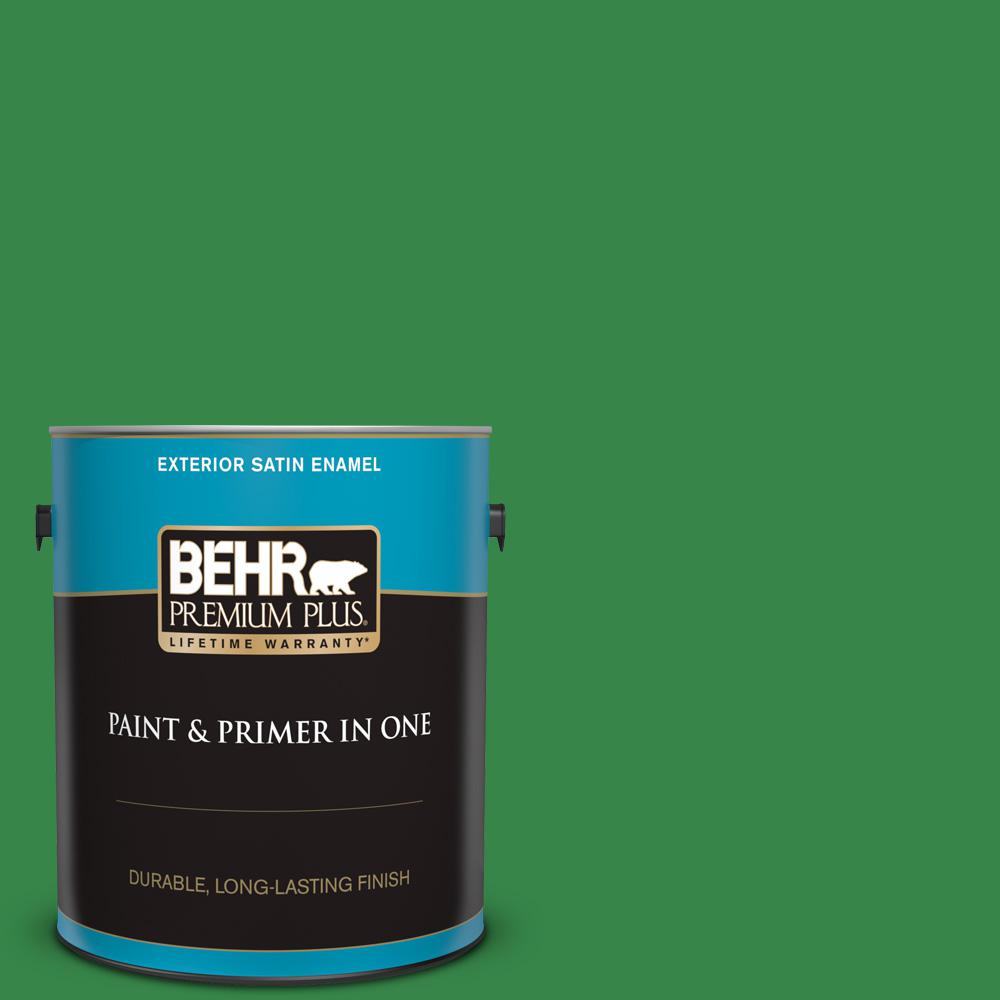 BEHR PREMIUM PLUS 1 gal. 450B7 Green Grass Satin Enamel Exterior