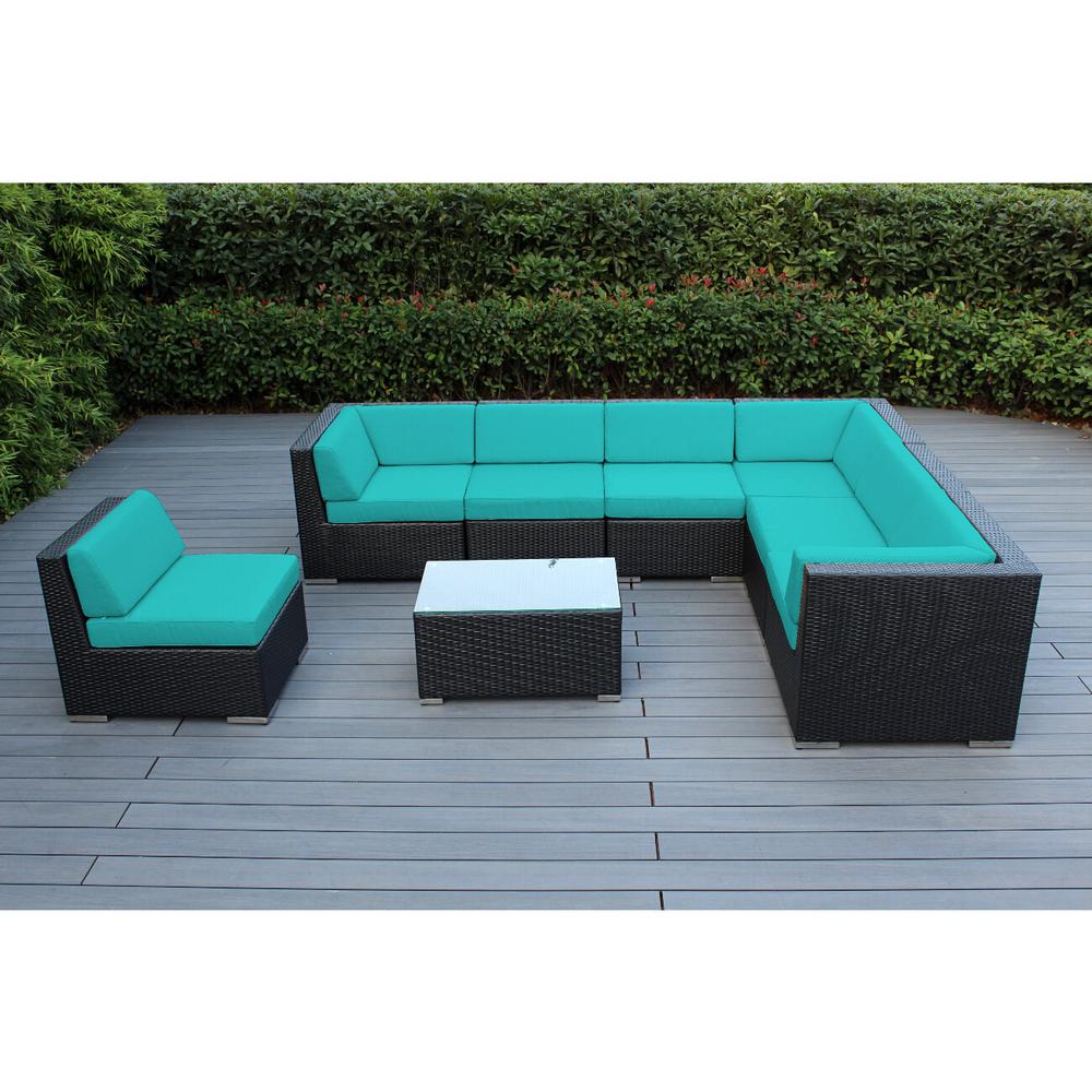 Ohana Depot Black 8 Piece Wicker Patio Seating Set With Sunbrella Aruba Cushions