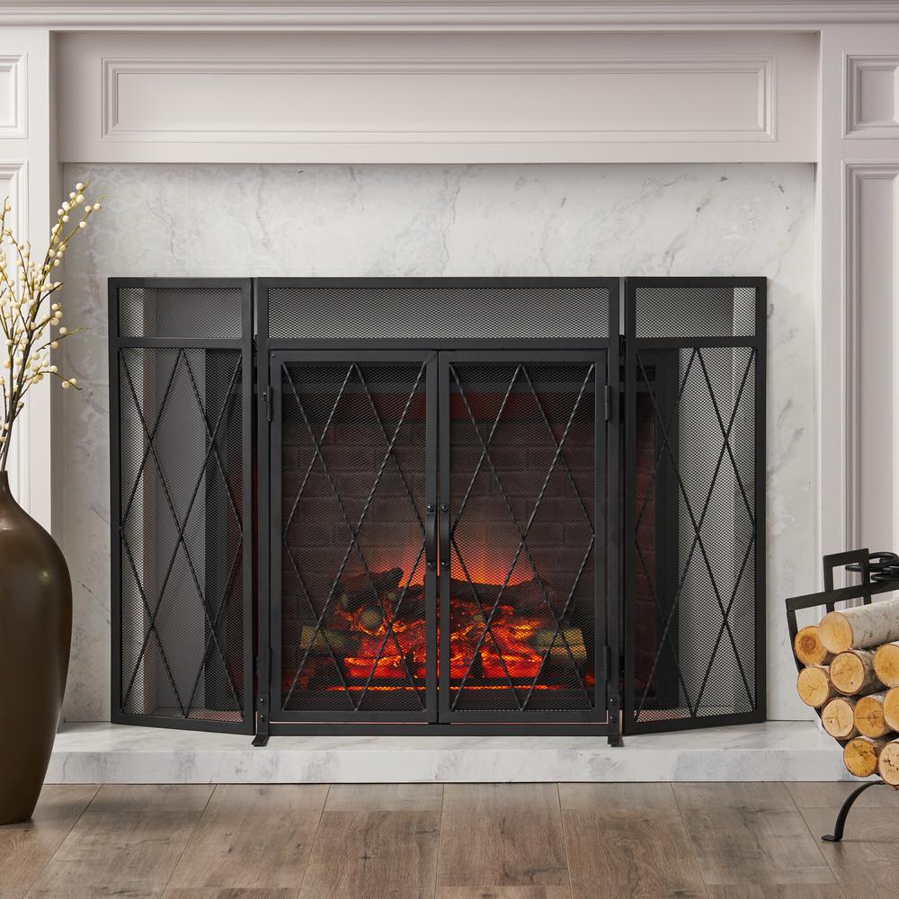 Noble House Blyfield Matte Black Metal 3 Panel Fireplace Screen 70814 The Home Depot