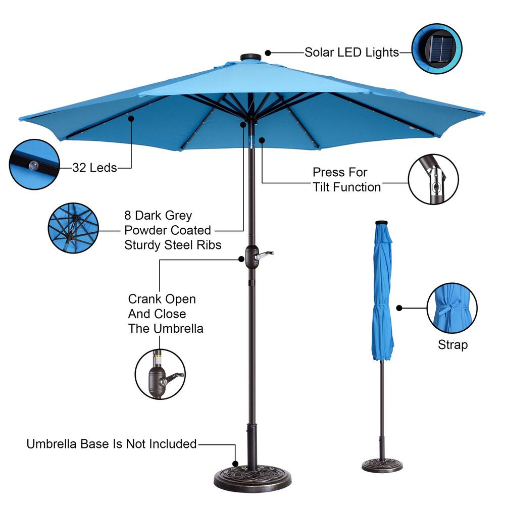 Villacera 9 Ft Steel Market Solar Tilt Led Lighted Patio Umbrella In Blue Hwd630710 The Home Depot