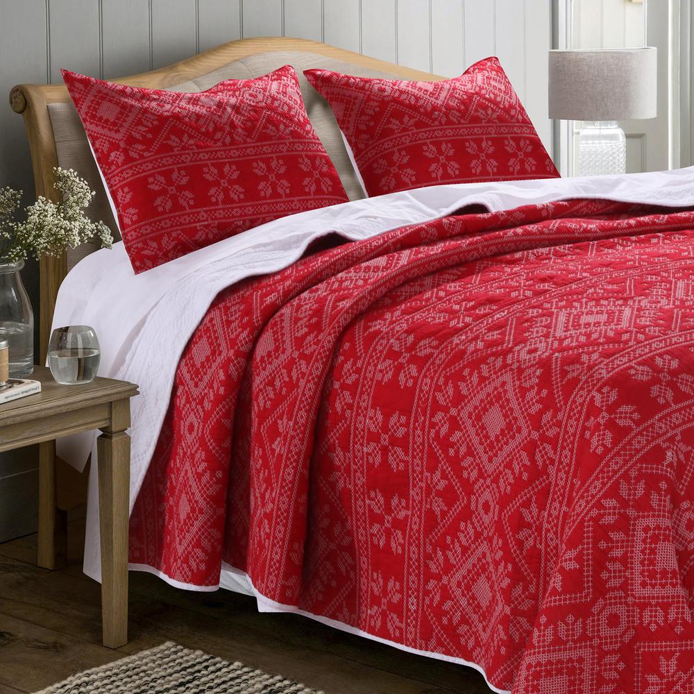 Greenland Home Fashions Holly Cross Stitch 3 Piece Red King Quilt
