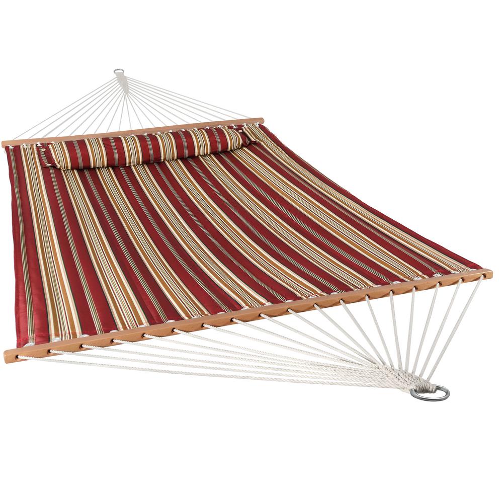 Sunnydaze Quilted Fabric Hammock Two Person with Spreader Bars Heavy Duty 450 Pound Capacity, Red Stripe