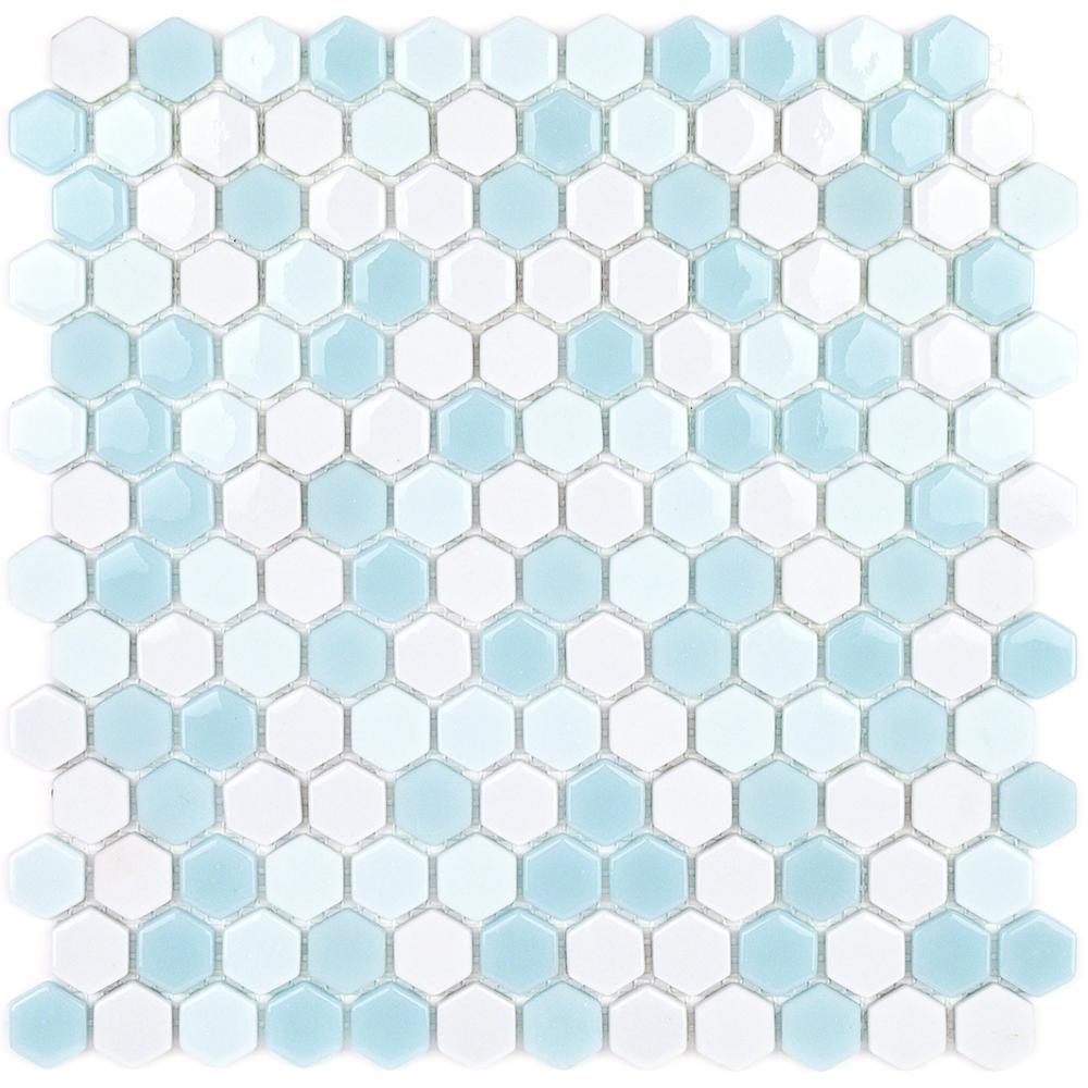 Splashback Tile Recoup Hexagon Glacier 11.5 in. x 12 in. x 6 mm Glass
