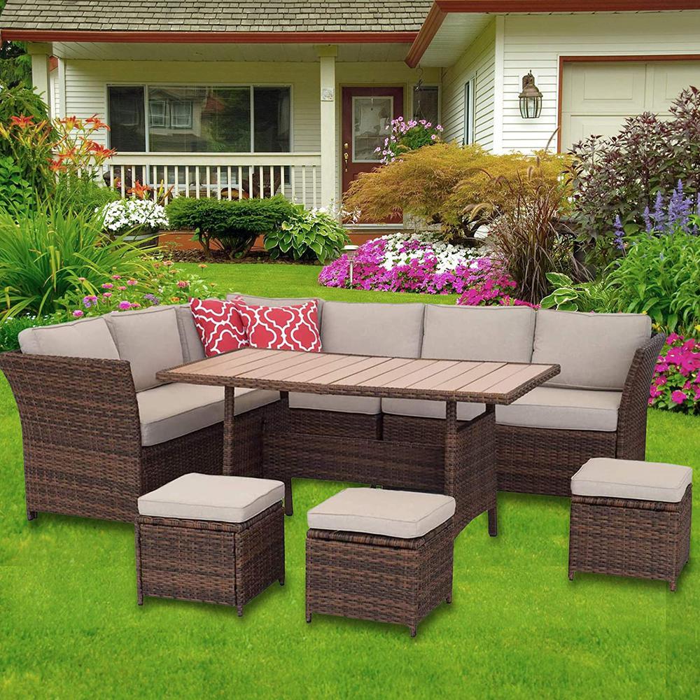 Kingdely Brown 7 Piece Pe Wicker Outdoor Patio Sectional Sofa With Beige Cushions And Dining Table Tcht Amkf210001 The Home Depot - Patio Furniture Sectional With Dining Table Kingdely Brown 7 Piece Pe Wicker Outdoor Patio Sectional Sofa With Beige Cushions And Dining Table Tcht Amkf210001 The Home Depot - Patio Furniture Sectional With Dining Table