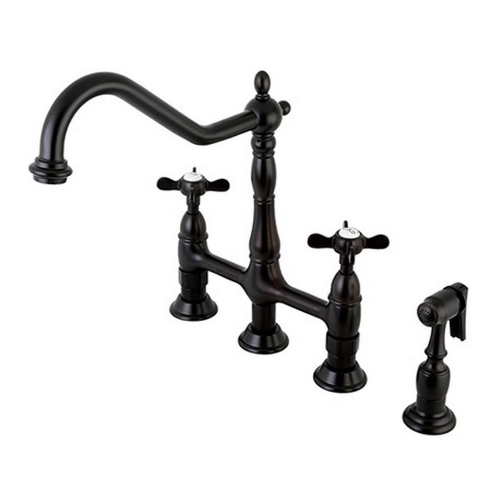 Kingston Brass Es 2 Handle Bridge Kitchen Faucet With Cross Side Sprayer In Oil Rubbed Bronze