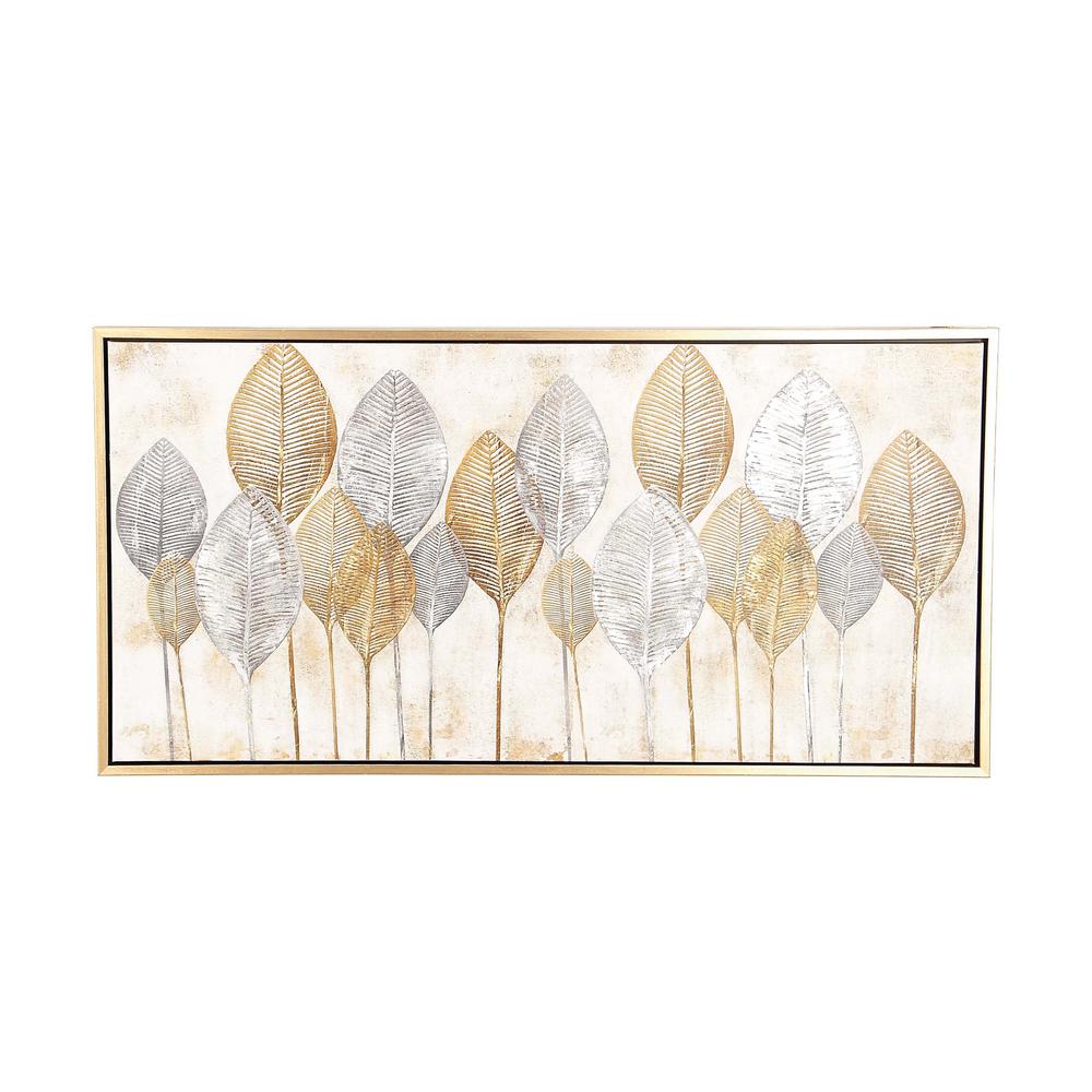 "Gold and Silver Veined Leaves" Hand Painted Framed Canvas Wall Art