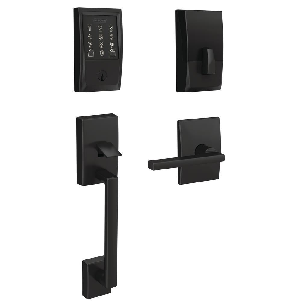 Schlage Century Encode Smart Wifi Door Lock With Alarm And Latitude Lever Handleset In Matte Black