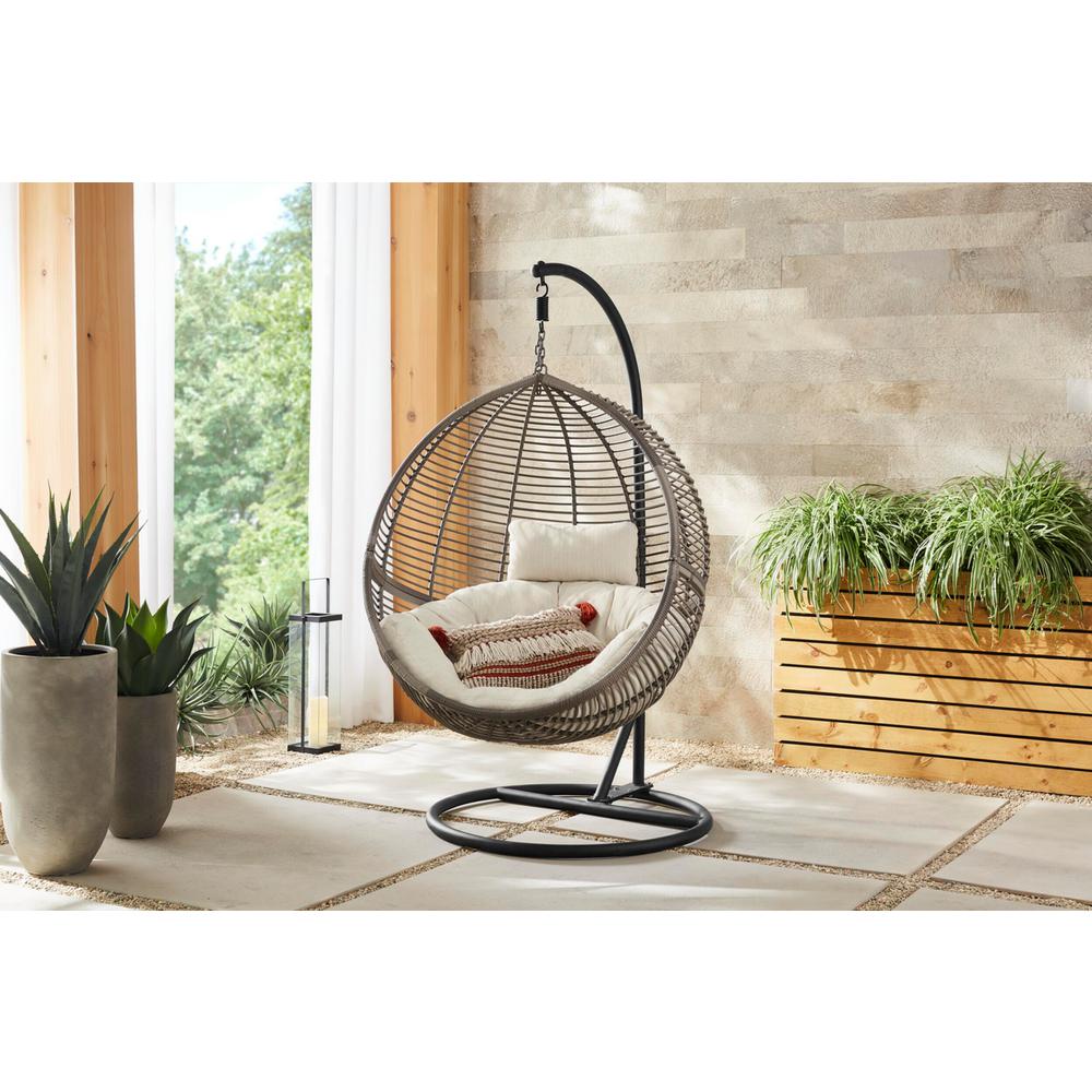 Hampton Bay Gray Wicker Round Outdoor Patio Egg Lounge Chair Swing With Biscuit Tan Cushions 65 18246a The Home Depot Outdoor Patio Egg Lounge Chair Swing, Round Lounge Chair Outdoor Cushions