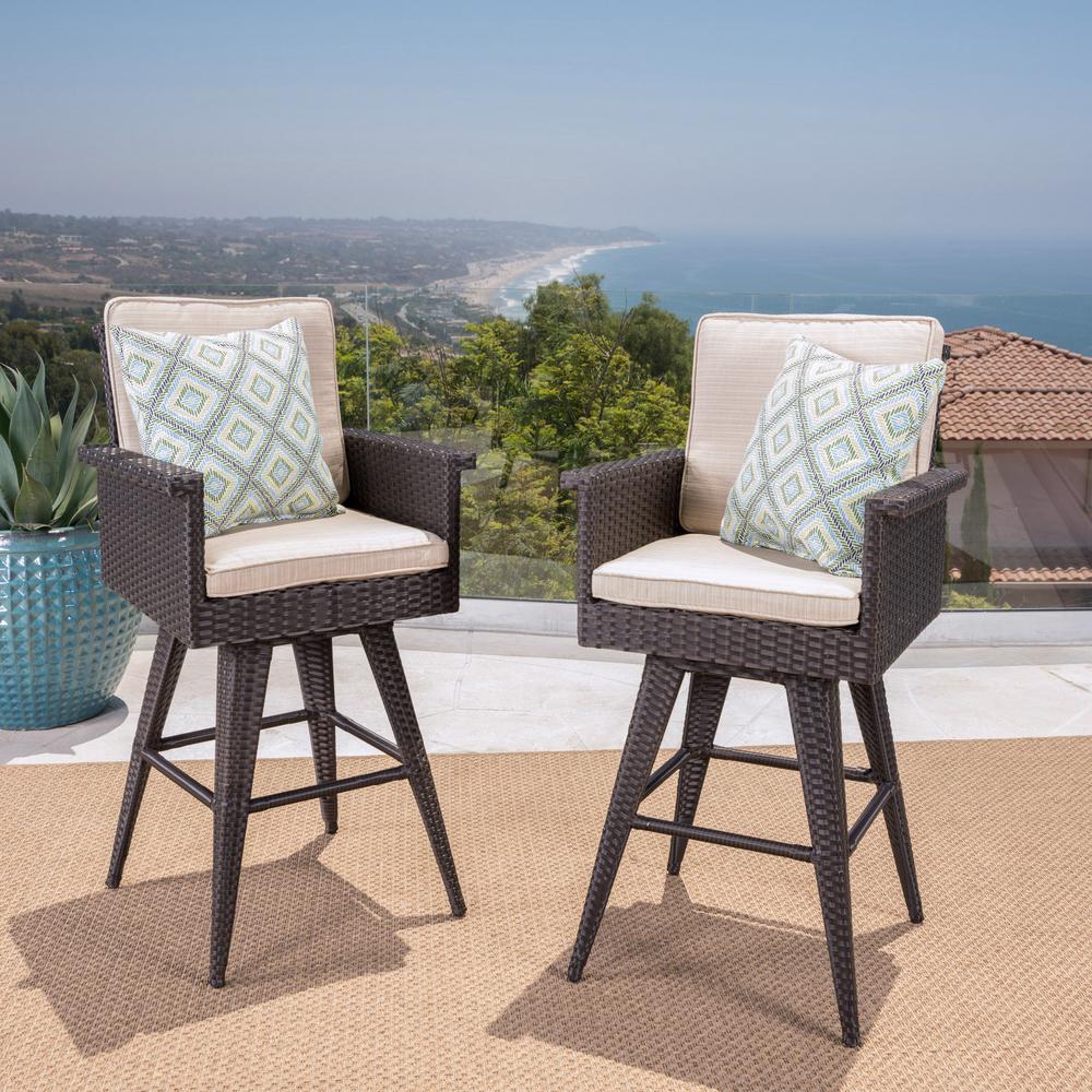 Noble House Polyethylene Wicker Outdoor Bar Stools with Sunbrella Sand