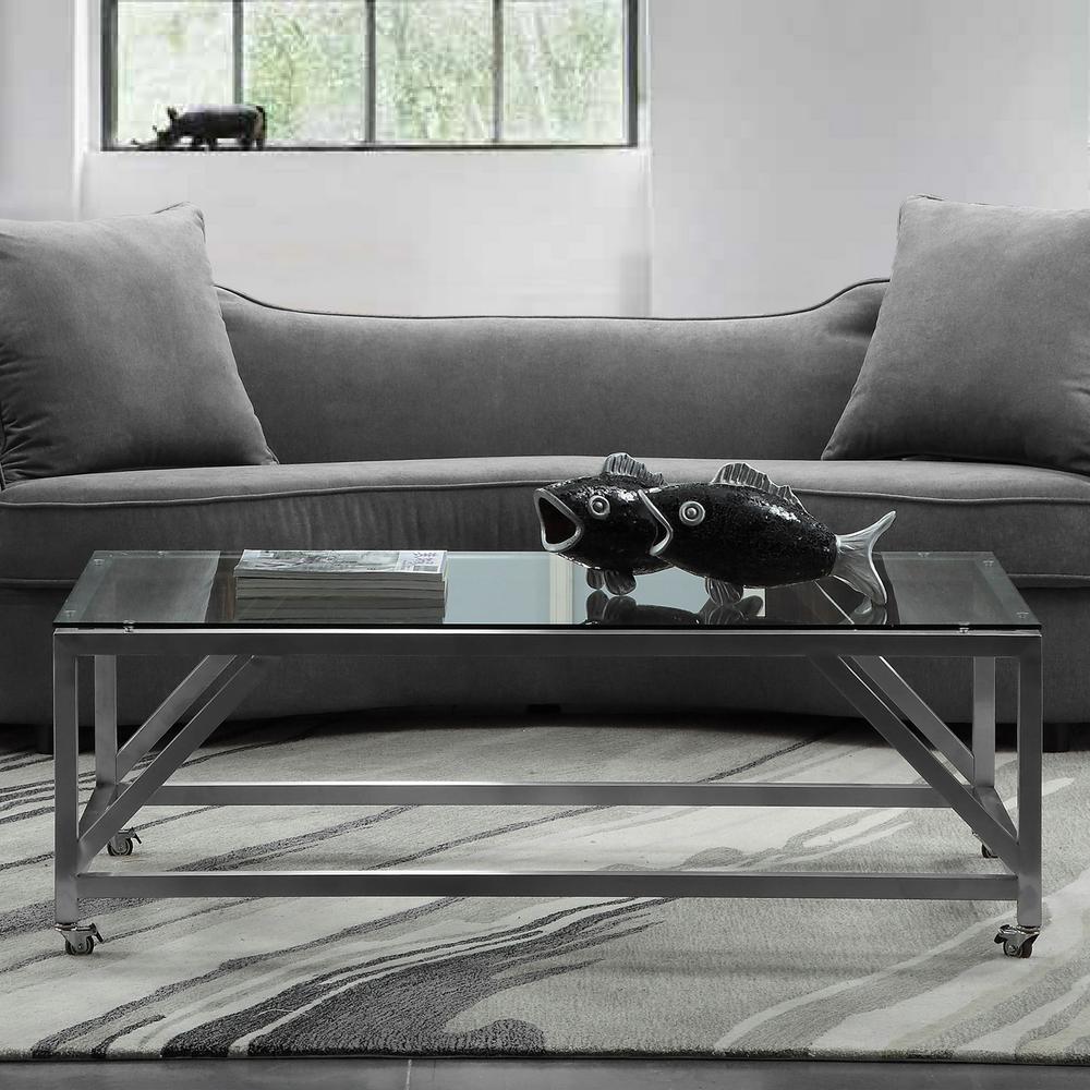 Emerald Armen Living Enessa Tempered Glass Top Contemporary Rectangular Coffee Table With Wheels In Brushed Stainless Steel Lcencoglbs The Home Depot