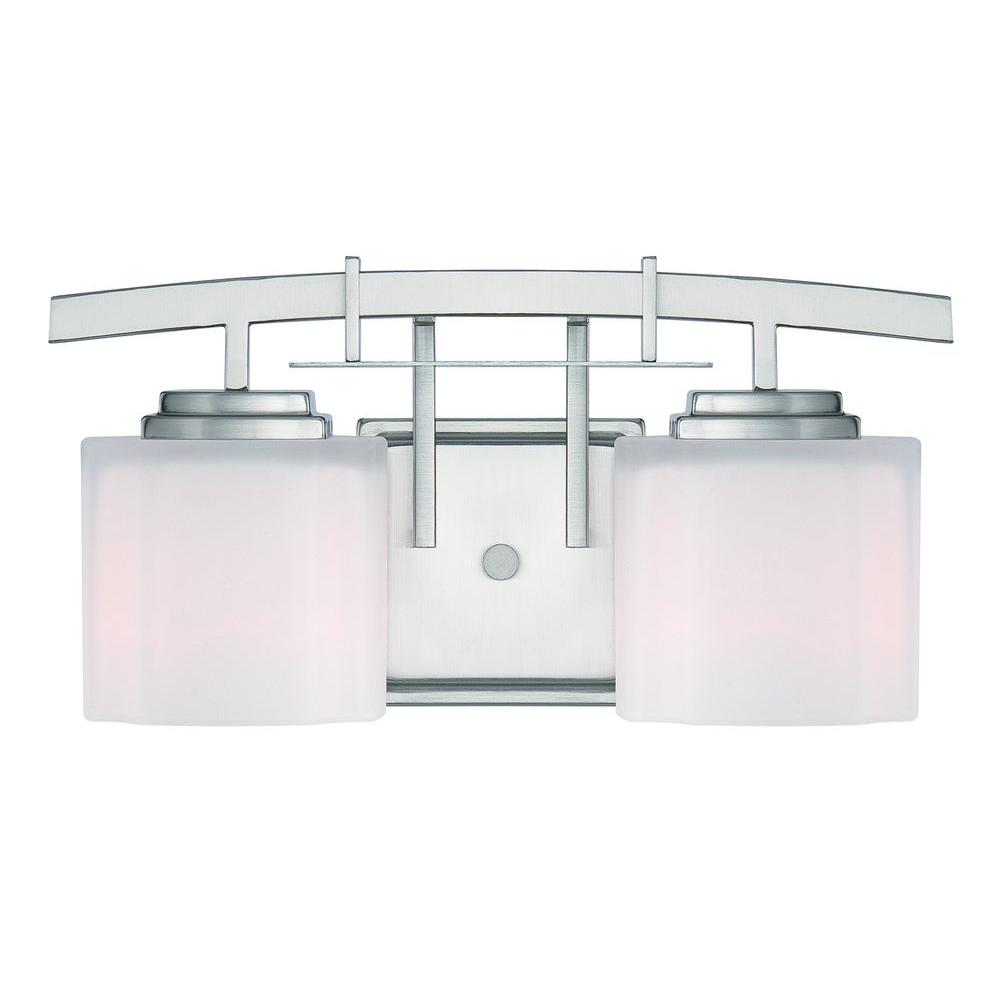 Hampton Bay Architecture 2 Light Brushed Nickel Vanity Light With Etched White Glass Shades 15039 The Home Depot