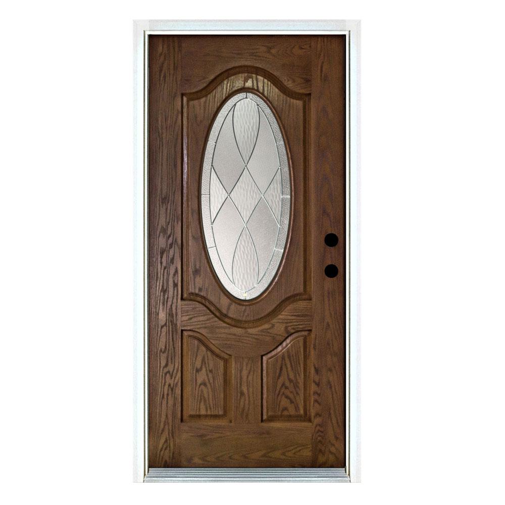 Mp Doors 36 In X 80 In Medium Oak Left Hand Inswing 3 4 Oval Decorative Lite Zen Stained