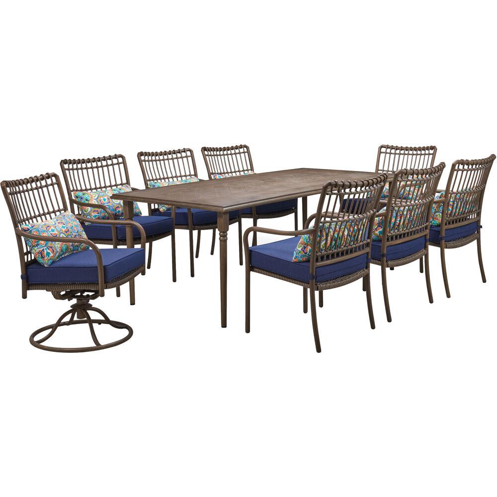 Hanover Summerland Faux Wood 9 Piece Aluminum Outdoor Dining Set With Navy Cushions 6 Chairs 2 Swivel Rockers And Table