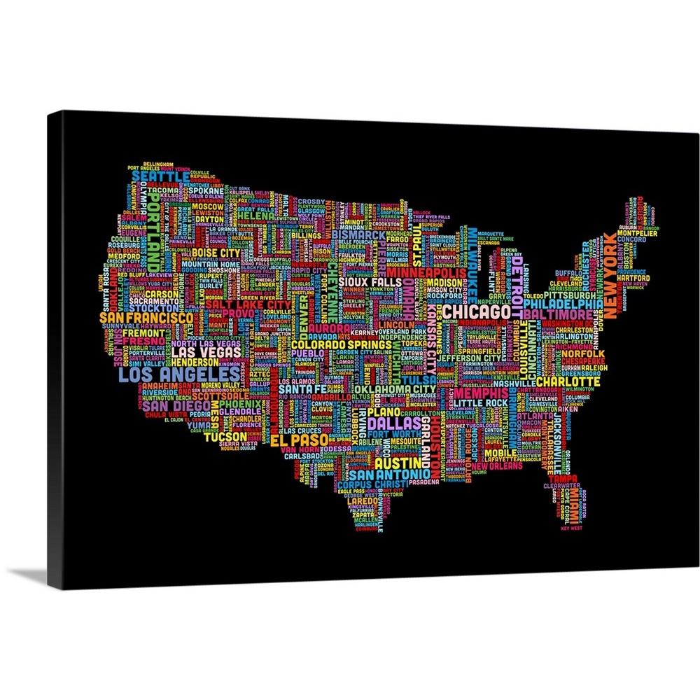 Great Big Canvas "United States Cities Text Map, Multicolor on Black