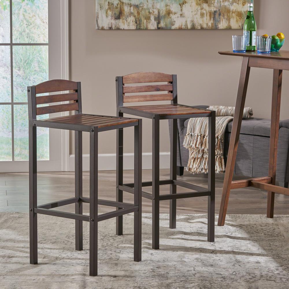 Noble House Lilith 30 In Dark Brown Acacia Wood Bar Stools With Rustic Metal Frames Set Of 2 8155 2 The Home Depot