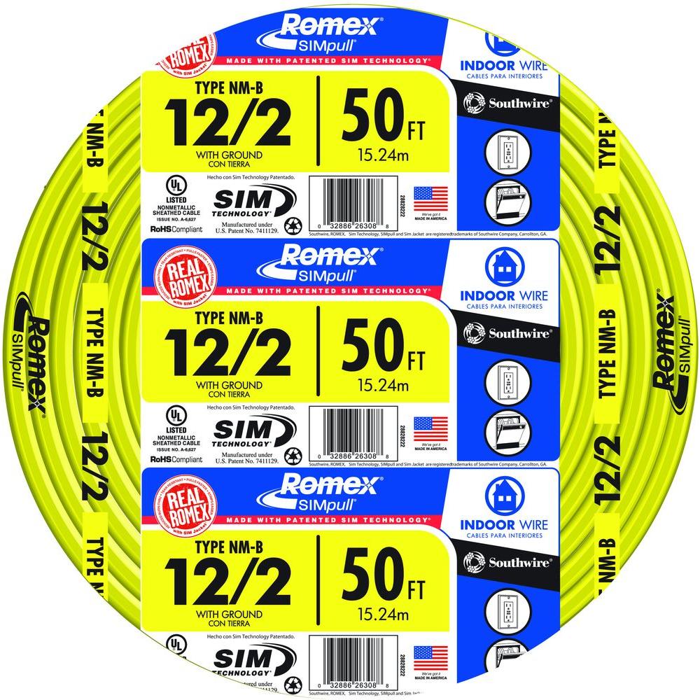 Southwire 50 Ft 12 2 Solid Romex SIMpull CU NM B W G Wire 28828222 