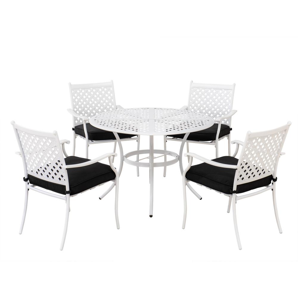 Sunjoy Seattle White 5 Piece Metal Lattice Outdoor Dining Set With Black Seat Cushions 169438 The Home Depot - Black And White Patio Dining Set Sunjoy Seattle White 5 Piece Metal Lattice Outdoor Dining Set With Black Seat Cushions 169438 The Home Depot - Black And White Patio Dining Set