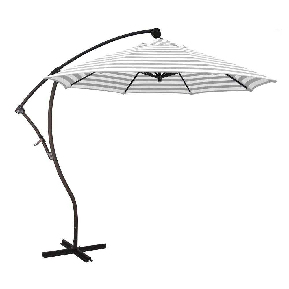 California Umbrella 9 Ft Bronze Aluminum Cantilever Patio Umbrella With Crank Open 360 Rotation In Gray White Cabana Stripe Olefin Ba908117 F95 The Home Depot