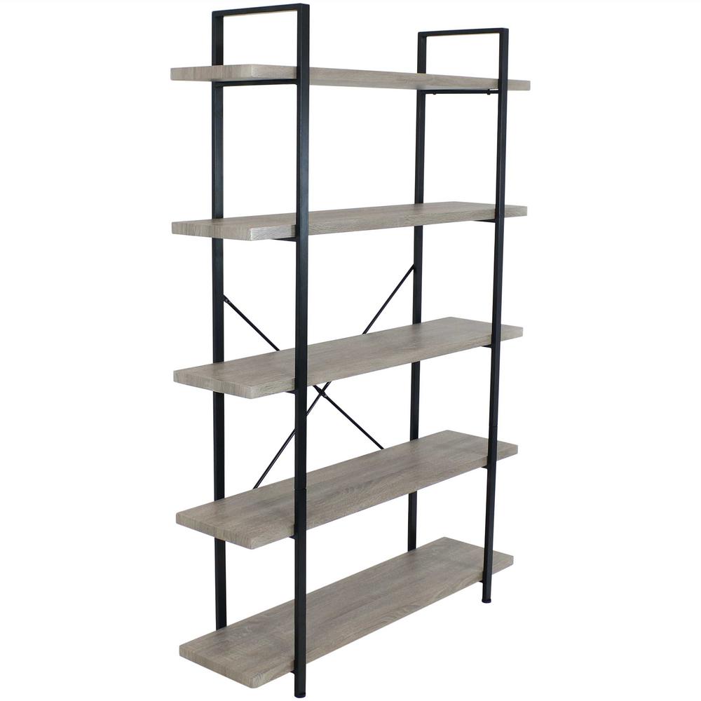 Sunnydaze Decor 70 In Oak Gray Industrial Style 5 Tier Bookshelf With Wood Veneer Shelves Jah 091 The Home Depot