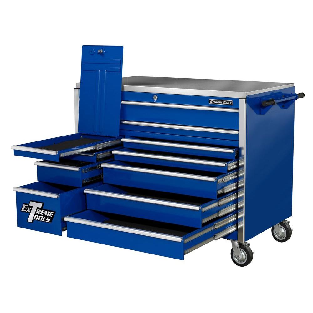 Extreme Tools 55 In 11 Drawer Professional Roller Cabinet With Stainless Steel Work Surface In Blue Ex5511rcbl The Home Depot