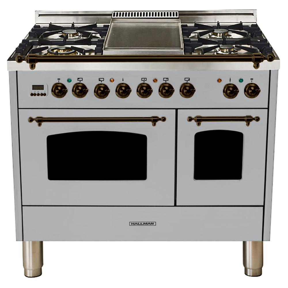 Hallman 40 In 4 0 Cu Ft Double Oven Dual Fuel Italian Range True Convection 5 Burners Lp Gas Bronze Trim Stainless Steel Hdfr40bzsslp The Home Depot