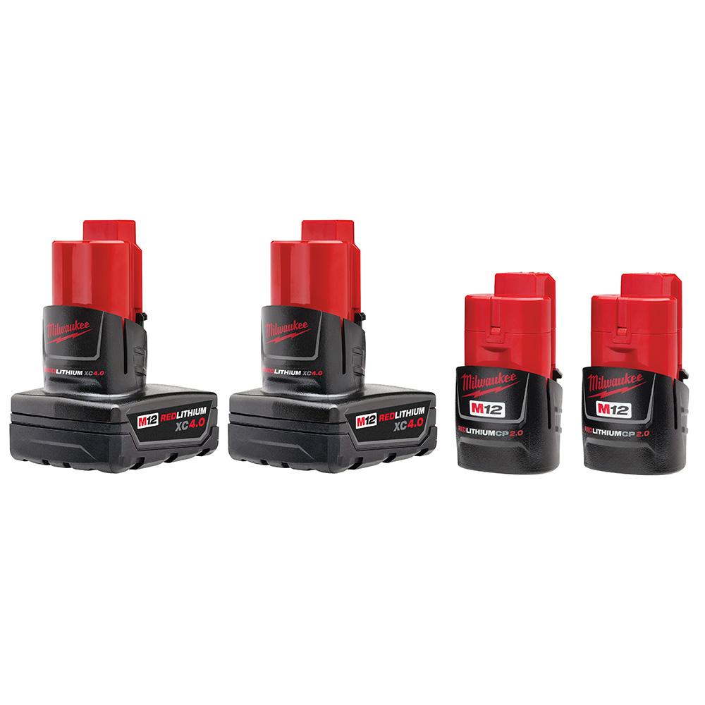 4-Pack Milwaukee M12 Batteries (TWO 4.0Ah & TWO 2.0Ah)