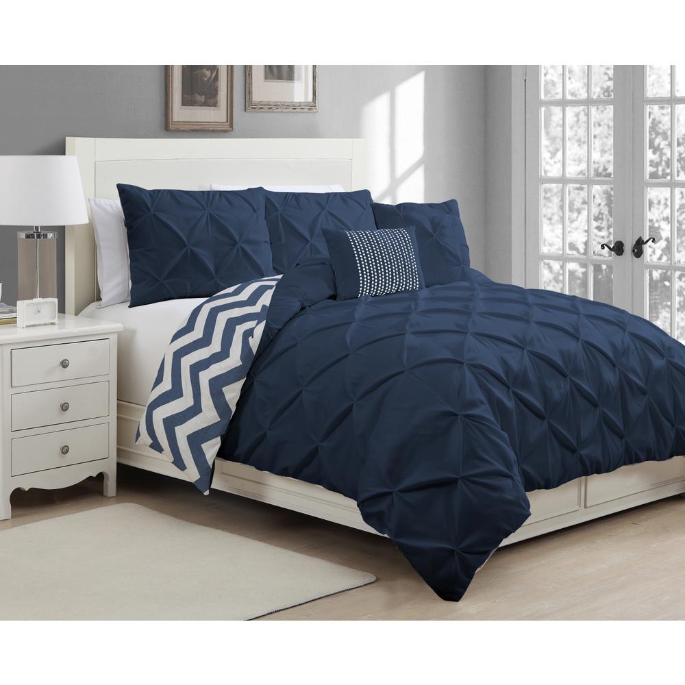 Avondale Manor Ella Navy King Pinch Pleat 5 Piece Duvet Set