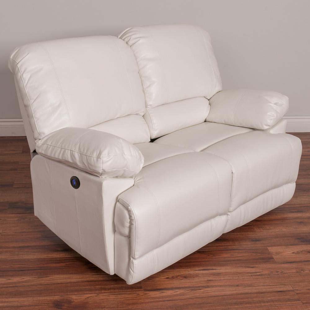 CorLiving Lea White Bonded Leather Power Reclining Loveseat with USB