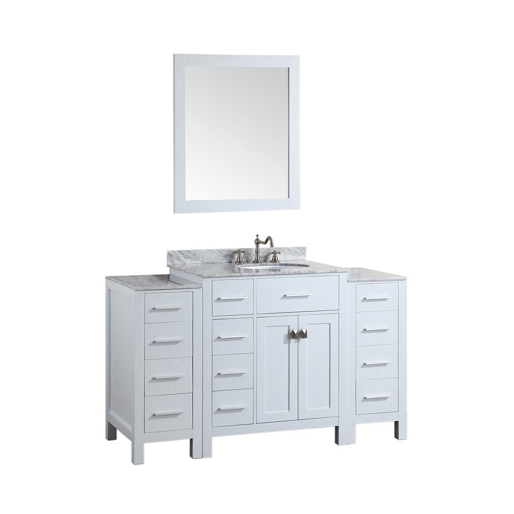 Bosconi 56 In W Single Bath Vanity White With Carrara Marble Top Basin And Mirror Bosconi 56 In W Single Bath Vanity White With Carrara Marble Top Basin And Mirror