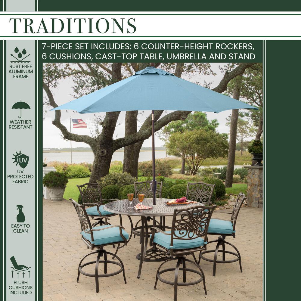 Hanover Traditions 7 Piece Aluminum Outdoor High Dining Set With Round Cast Table Swivels Umbrella And Base With Blue Cushions Traddn7pcbr Su B The Home Depot