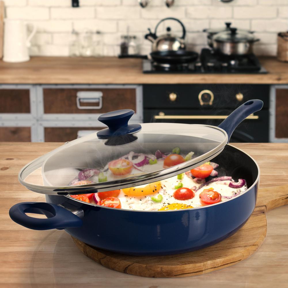 Gibson Home Charmont 5 Qt Nonstick Aluminum Saute Pan With Lid In Yale Blue 985114950m The Home Depot